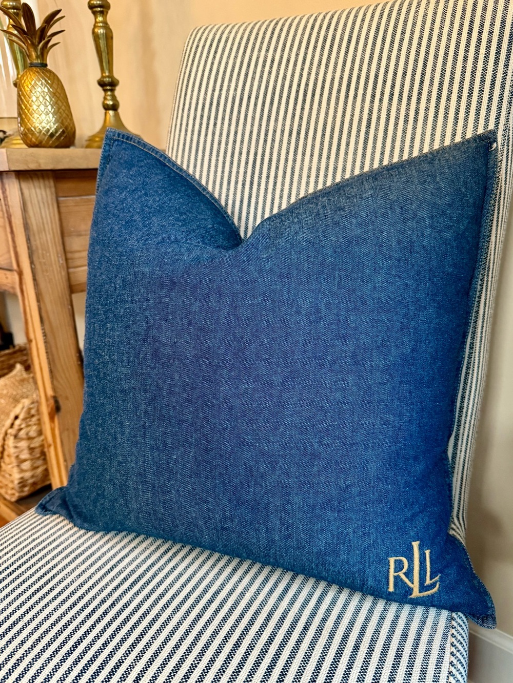 OLD MONEY VINTAGE RALPH LAUREN GOLD MONOGRAM 18” X 18” COTTON DENIM THROW PILLOW